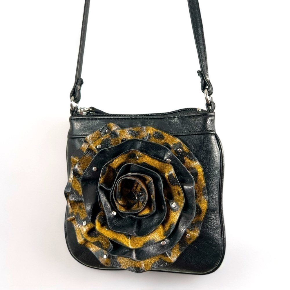 STEVE MADDEN Black Vegan Leather Leopard Floral Silver Accent Studded Purse Bag
